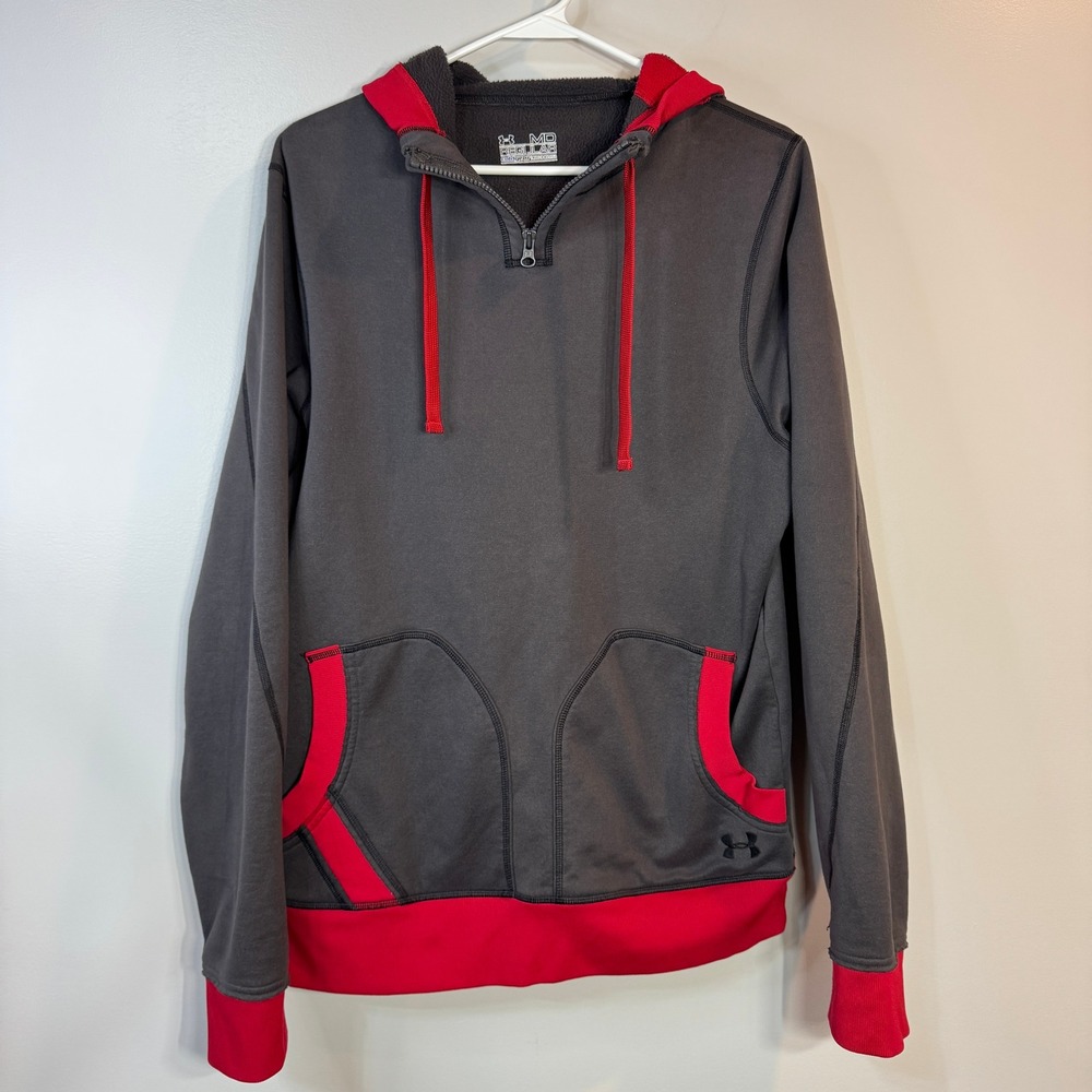 Under Armour Hoodie Pullover Men's MD Gray Red ColdGear Fleece Quarter Zip Warm